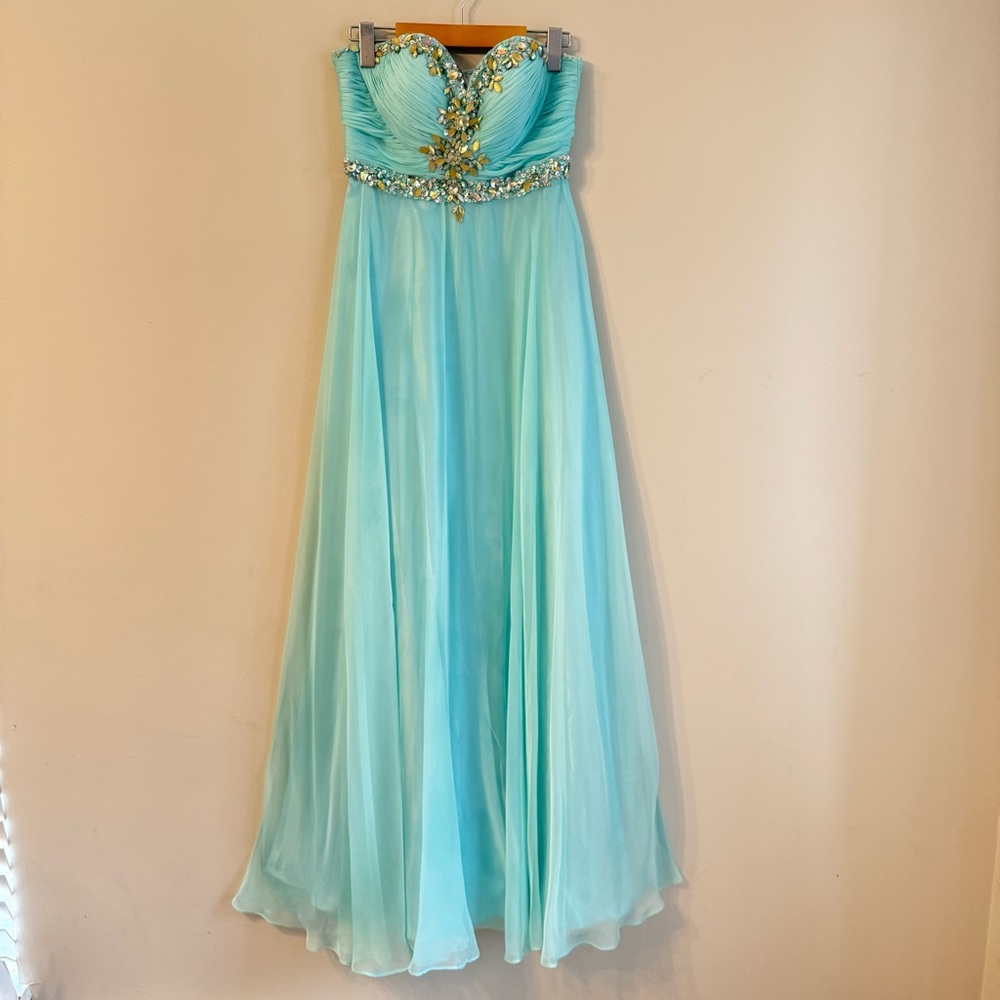 Strapless Aqua Beaded Chiffon Evening Gown